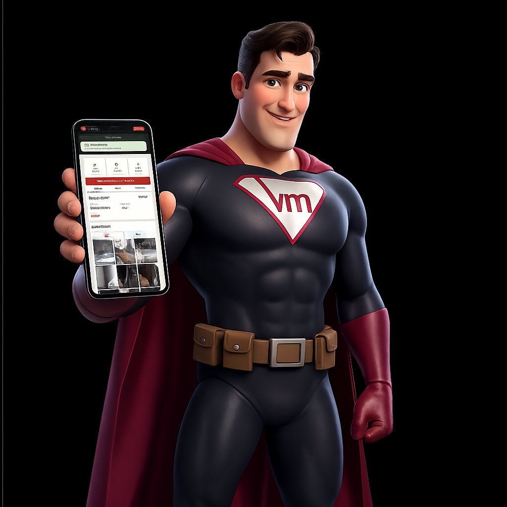 VM superhero presenting the CleanTrail portal on a phone, showing before and after duct cleaning photos