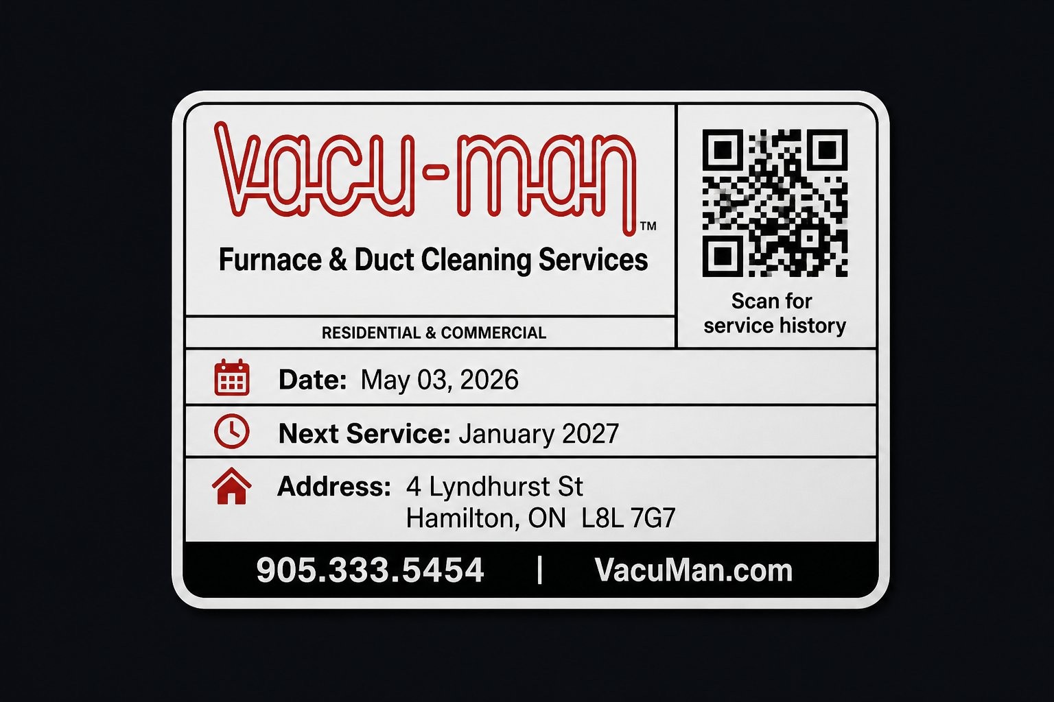 Vacu-Man QR-coded furnace sticker